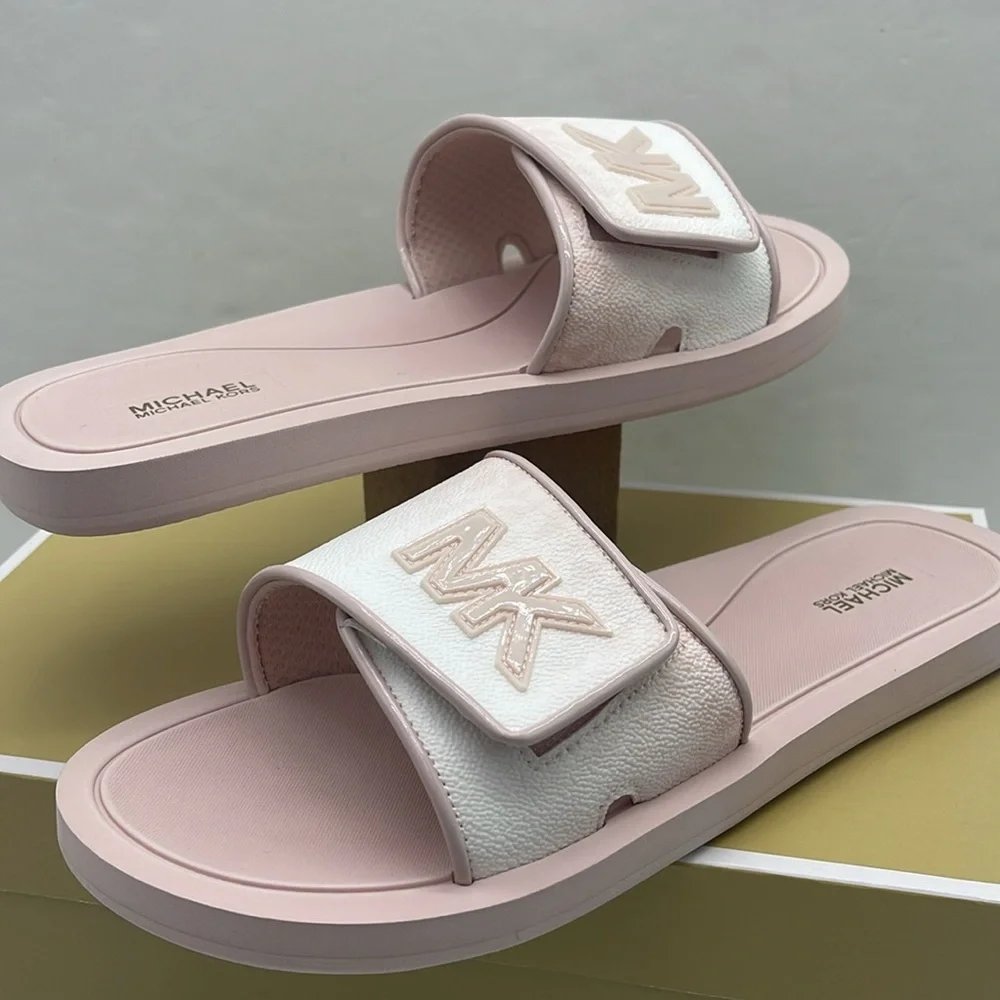 Michael Kors Slide Logo Sandals Palmer Ombré Signature Powder Blush Multi  NWT